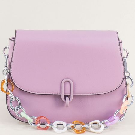 Малка дамска чанта в лилаво с дълга шарена дръжка ch0715l