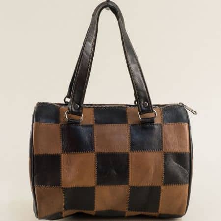 Дамска мека чанта естествена кожа кафяво и черно ch0806chk