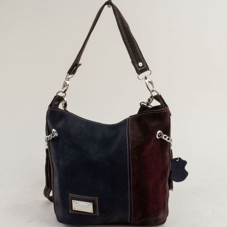 Естествена кожа дамска чанта в синьо и бордо ch081021sps