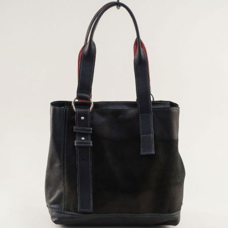 Черна кожена дамска чанта с две къси червени дръжки ch090922chchv