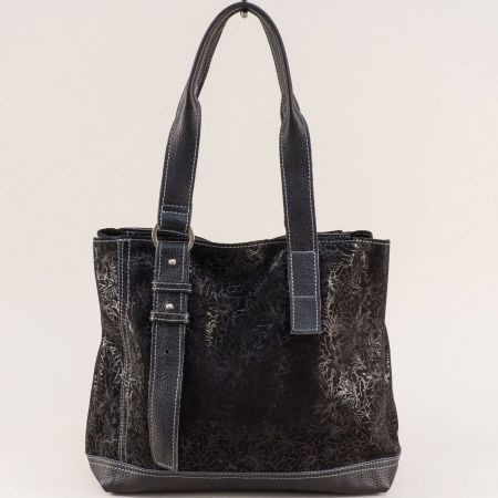 Ежедневна дамска чанта в черна кожа с флорални мотиви ch090922chnch