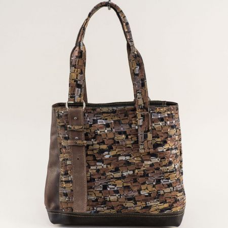Бежова дамска чанта с цветен принт естествена кожа ch090922kbjps1