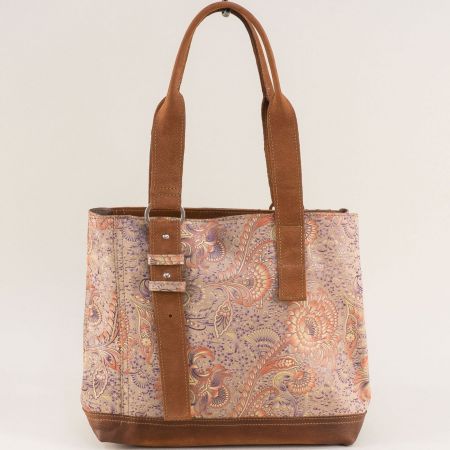 Бежова дамска чанта естествена кожа с флорален мотив ch090922kbjps2