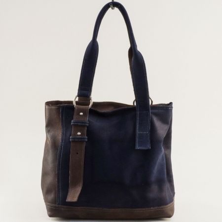 Двулицева дамска чанта в син и кафяв цвят с къса дръжка ch090922sk