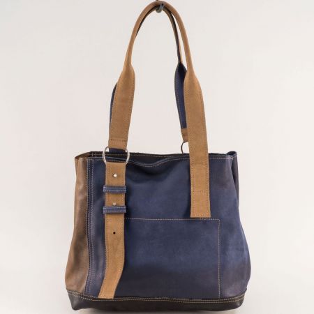 Синя дамска чанта с кафяви дръжки естествена кожа ch090922sk1
