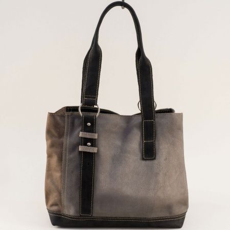 Естествена кожа дамска чанта в сив и кафяв цвят ch090922svk