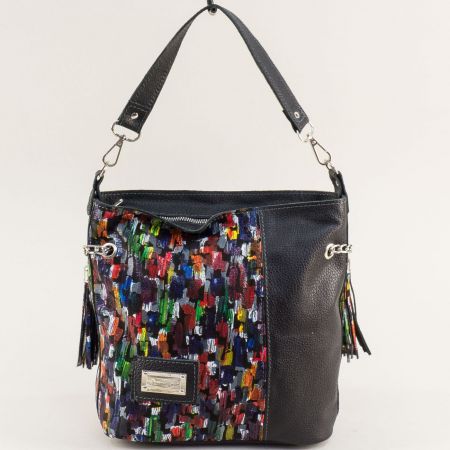 Черна дамска чанта естествена кожа с цветни мотиви ch091021chps