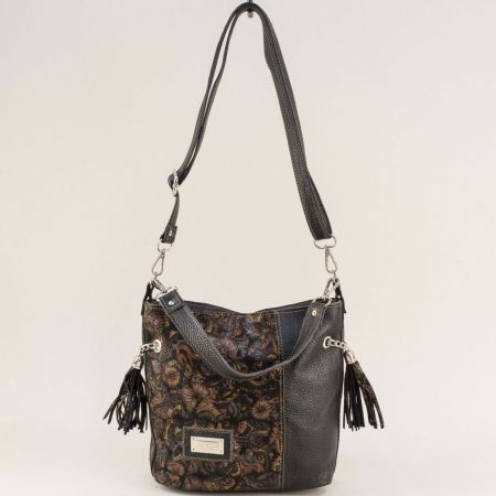 Черна кожена дамска чанта за през рамо с цветен принт  ch091021chps2