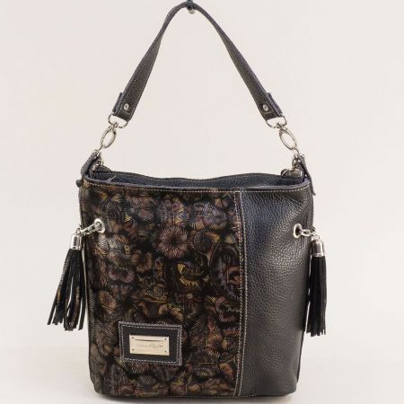 Дамска чанта естествена кожа в черен цвят с пъстър принт ch091021chps7