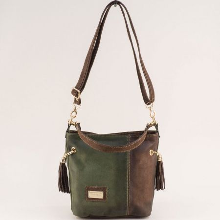 Двуцветна дамска чанта естествена кожа в зелен и кафяв цвят ch091021zkk