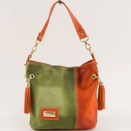 Спортна  дамска чанта естествена кожа в зелен и оранжев цвят ch091021zo