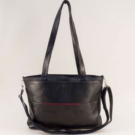 Атрактивен модел дамска чанта от черна естествена кожа с три прегради ch091023ch
