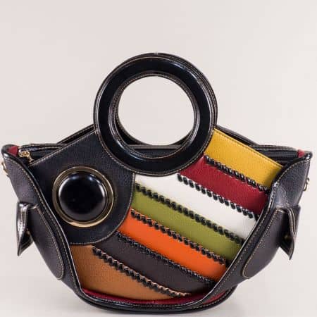 Дамска чанта в черно, жълто, бордо, зелено, кафяво и бяло ch1016ch