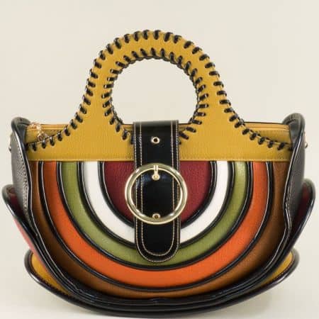 Дамска чанта в жълто, зелено, оранж, бордо, черно и бяло ch1017j