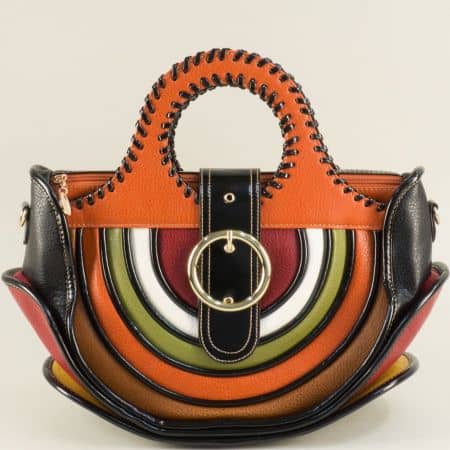 Дамска чанта в оранж, бордо, черно, зелено, кафяво и бяло ch1017o