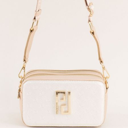 Компактна дамска чанта в бял и бежов цвят с дълга дръжка ch1078bbj