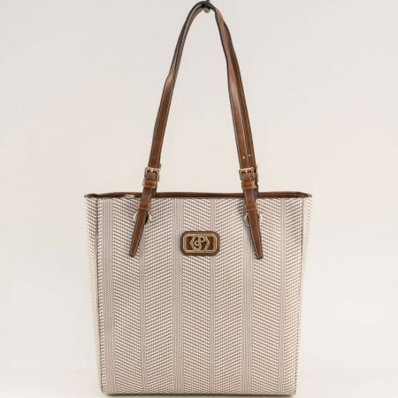 Ежедневна дамска чанта в бяло с кафява дръжка ch1096kb