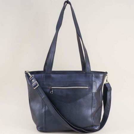 Синя кожена дамска чанта с една преграда ch111023s