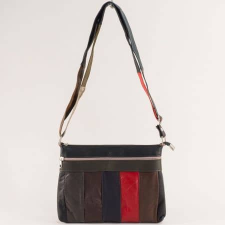 Кожена дамска чанта в червено, кафяво, черно и синьо ch120220ps