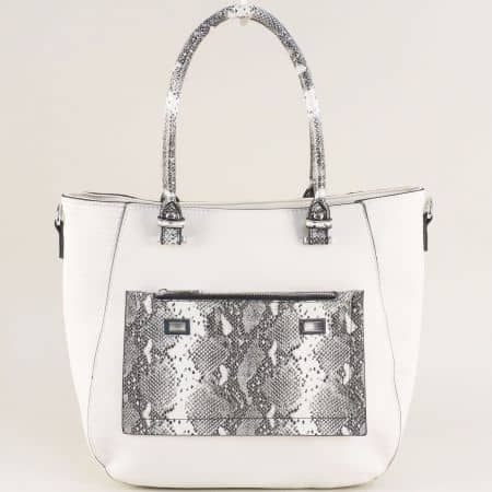 Дамска чанта с частичен змийски принт в сиво и бяло ch124450b