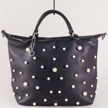 Черна дамска чанта с перли, две къси и дълга дръжка ch1305ch