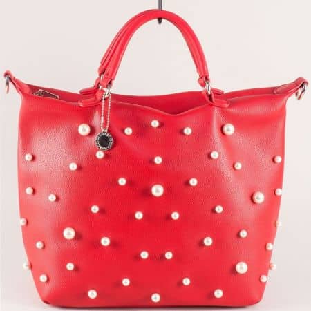 Червена дамска чанта с перли, две къси и дълга дръжка ch1305chv
