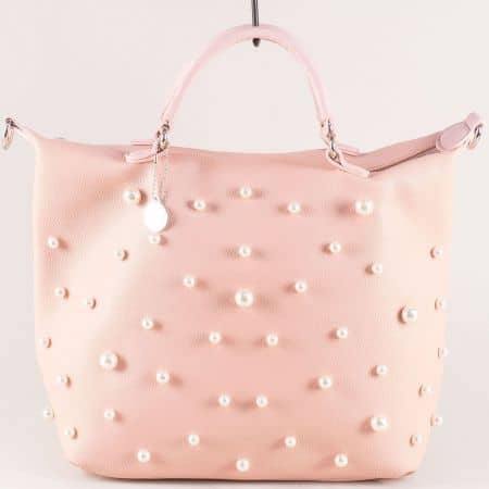 Розова дамска чанта с перли, две къси и дълга дръжка ch1305rz