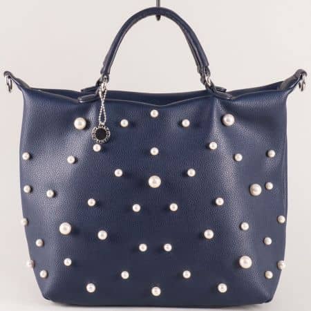Синя дамска чанта с перли, две къси и дълга дръжка ch1305s