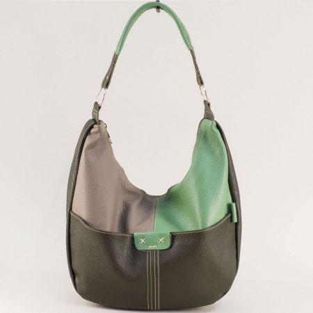 Бежово и зелено дамска чанта с къса дръжка естествена кожа ch130922chsvz