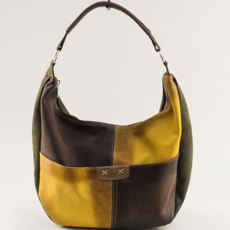 Модерна дамска чанта естествена кожа в жълто и кафяво ch130922jk