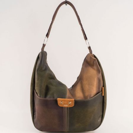 Двуцветна дамска чанта естествена кожа в зелен и кафяв цвят ch130922kz