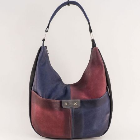 Естествена кожа дамска чанта в синьо и бордо  с къса дръжка ch130922sbd