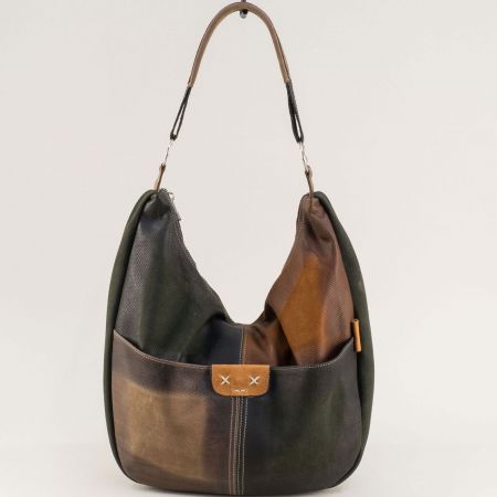 Естествена кожа дамска чанта с две прегради в зелен и кафяв цвят ch130922zk