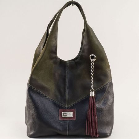 Ежедневна дамска чанта естествена кожа в черен и зелен цвят ch131021chz