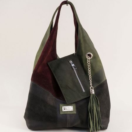 Кожена дамска чанта тип торба в зелено бордо и черно ch131021chzbd