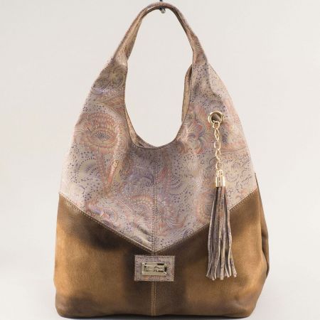 Естествена кожа дамска чанта в кафяво с пъстър принт ch131021kbjps