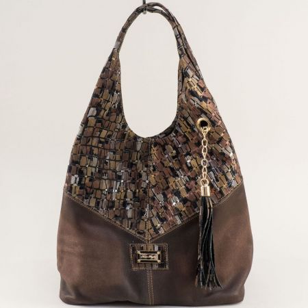 Кафява дамска чанта от естествена кожа с флорални мотиви  ch131021kps