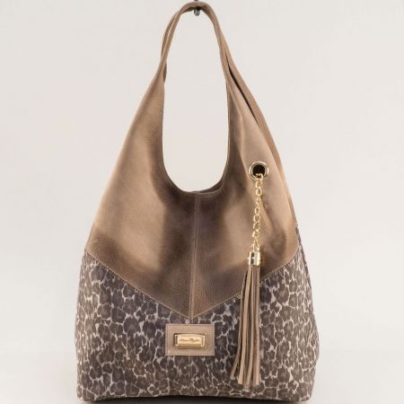 Естествена кожа дамска чанта в бежов цвят с леопардов принт ch131021leop