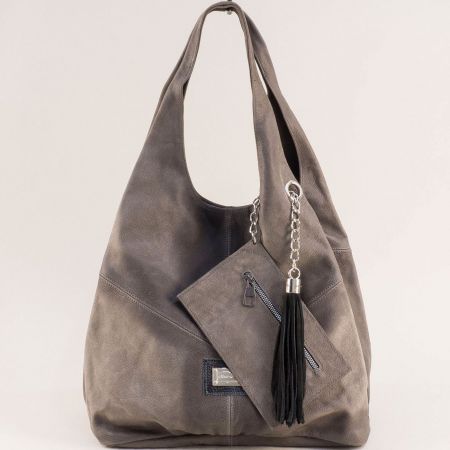 Сива дамска чанта с една преграда тип торба от естествена кожа ch131021nsv