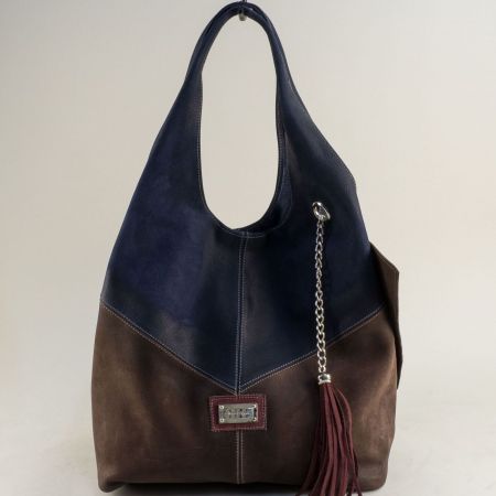 Кафяво и синьо дамска чанта естествена кожа ch131021sk