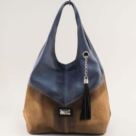 Дамска чанта с една дръжка в син и кафяв цвят от естествена кожа ch131021sk2