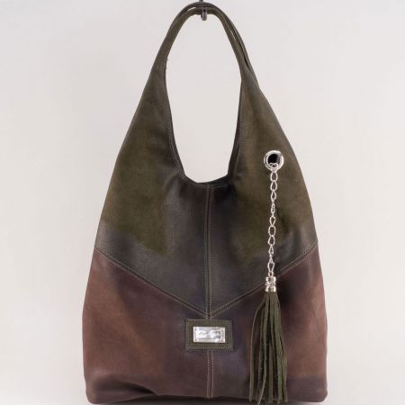 Дамска чаннта тип торба естествена кожа в кафяв и зелен цвят ch131021tkz