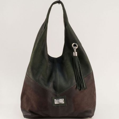 Двуцветна дамска чанта с пискюл и къса дръжка естествена кожа ch131021zkk