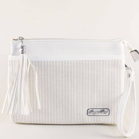 	Бяла дамска чанта с пискюл, къса и дълга дръжка ch1318b