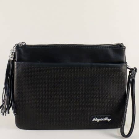 Черна дамска чанта с пискюл, къса и дълга дръжка ch1318ch