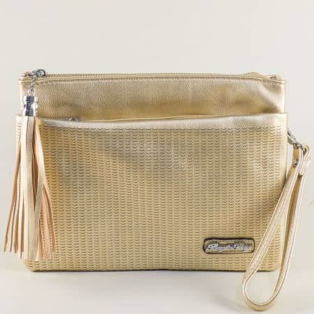 	Златна дамска чанта с пискюл, къса и дълга дръжка ch1318zl