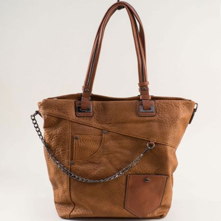 Кафява дамска чанта тип торба с къса и дълга дръжка ch1356k
