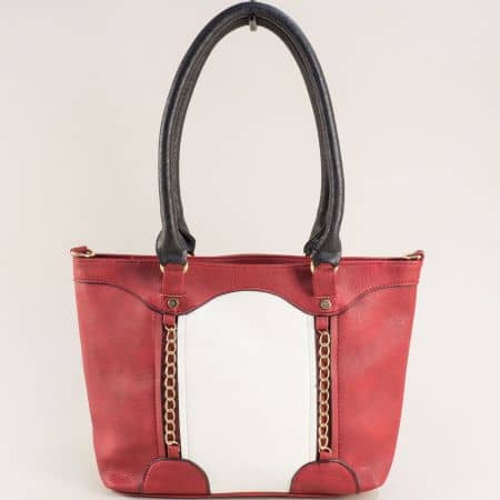  Ежедневна дамска чанта в бордо и бял цвят  ch135bd