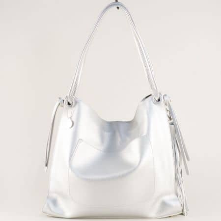 Сребърна дамска чанта, тип торба с пискюл ch13602sr