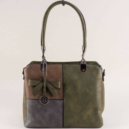 Дамска чанта в зелено, кафяво и сиво с три прегради ch1409z